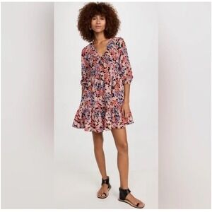 BANJANAN Macaw Multi-color Floral Black Cotton Mini Dress Size M‎